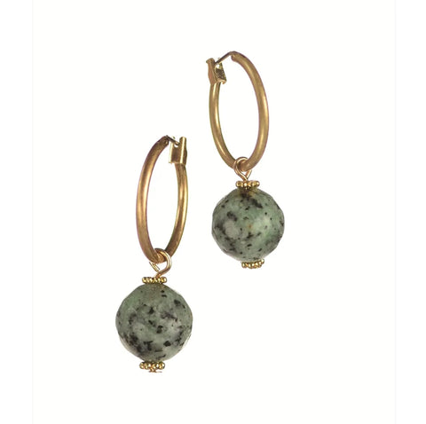 Gold hoops with green stone drop
