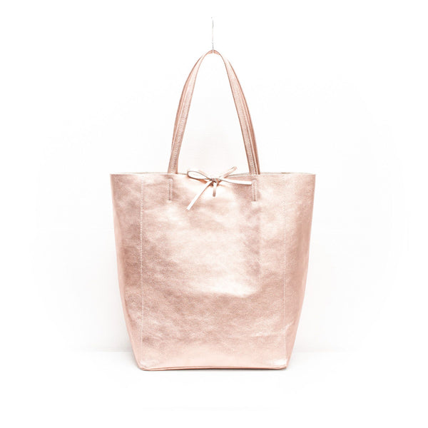 Rose gold metallic leather tote bag
