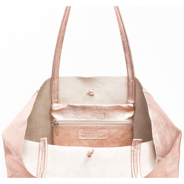 Rose gold metallic leather tote bag
