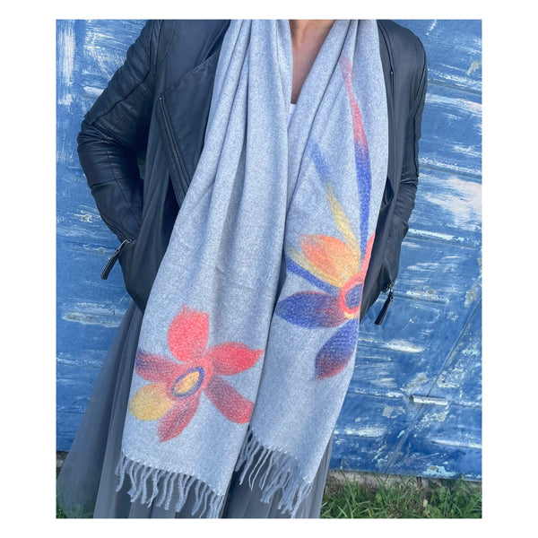 Floral grey fringe scarf