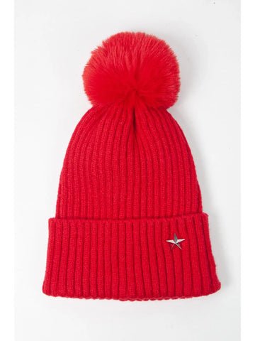 Red bobble hat with star detail