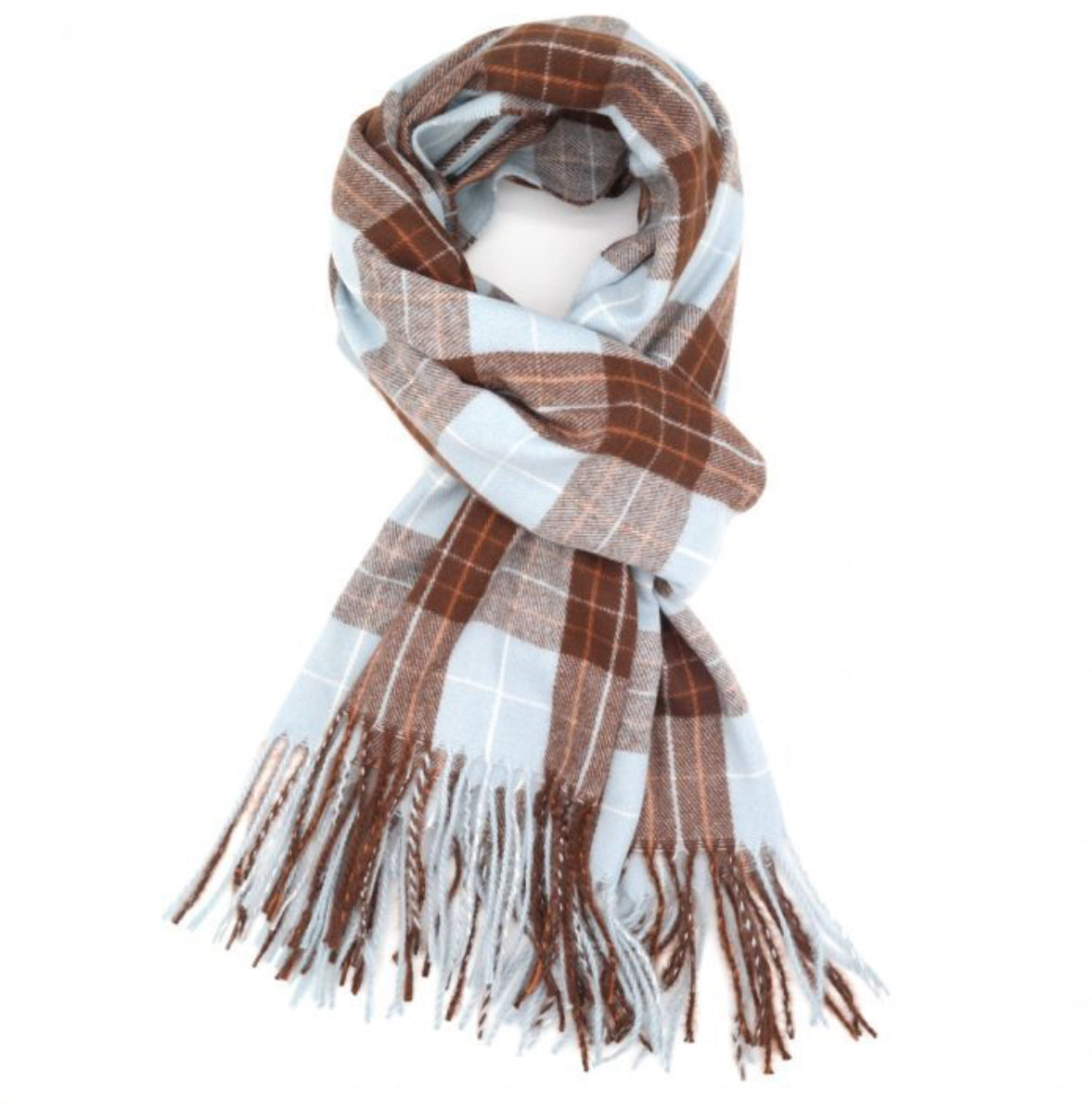 Soft blue and brown tartan scarf