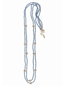 Blue seed bead necklace with gold hearts