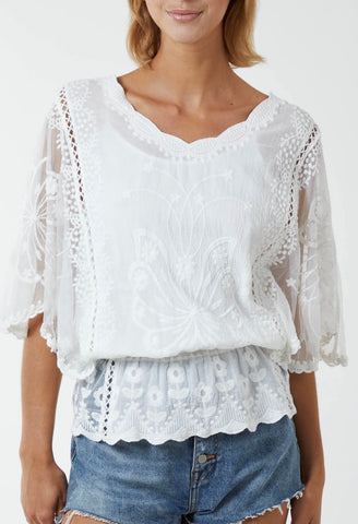 Butterfly sleeve embroidered top