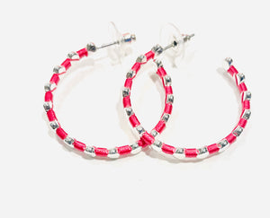 Fuchsia and silver dot hoops