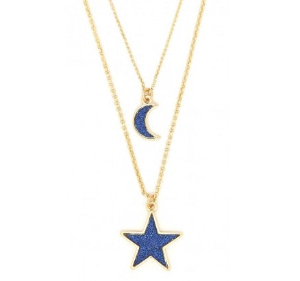 Blue glittering moon and star layered necklace