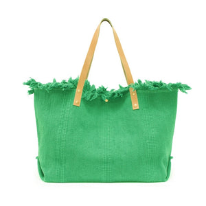 Green canvas bag with leather strap