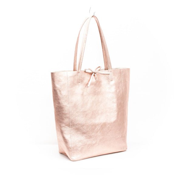 Rose gold metallic leather tote bag
