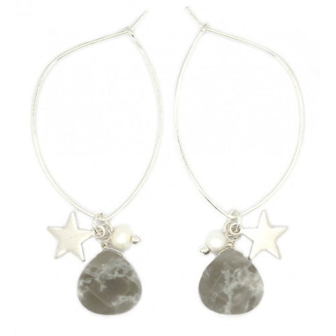 Grey stone, star and natural Pearl hoop earrings