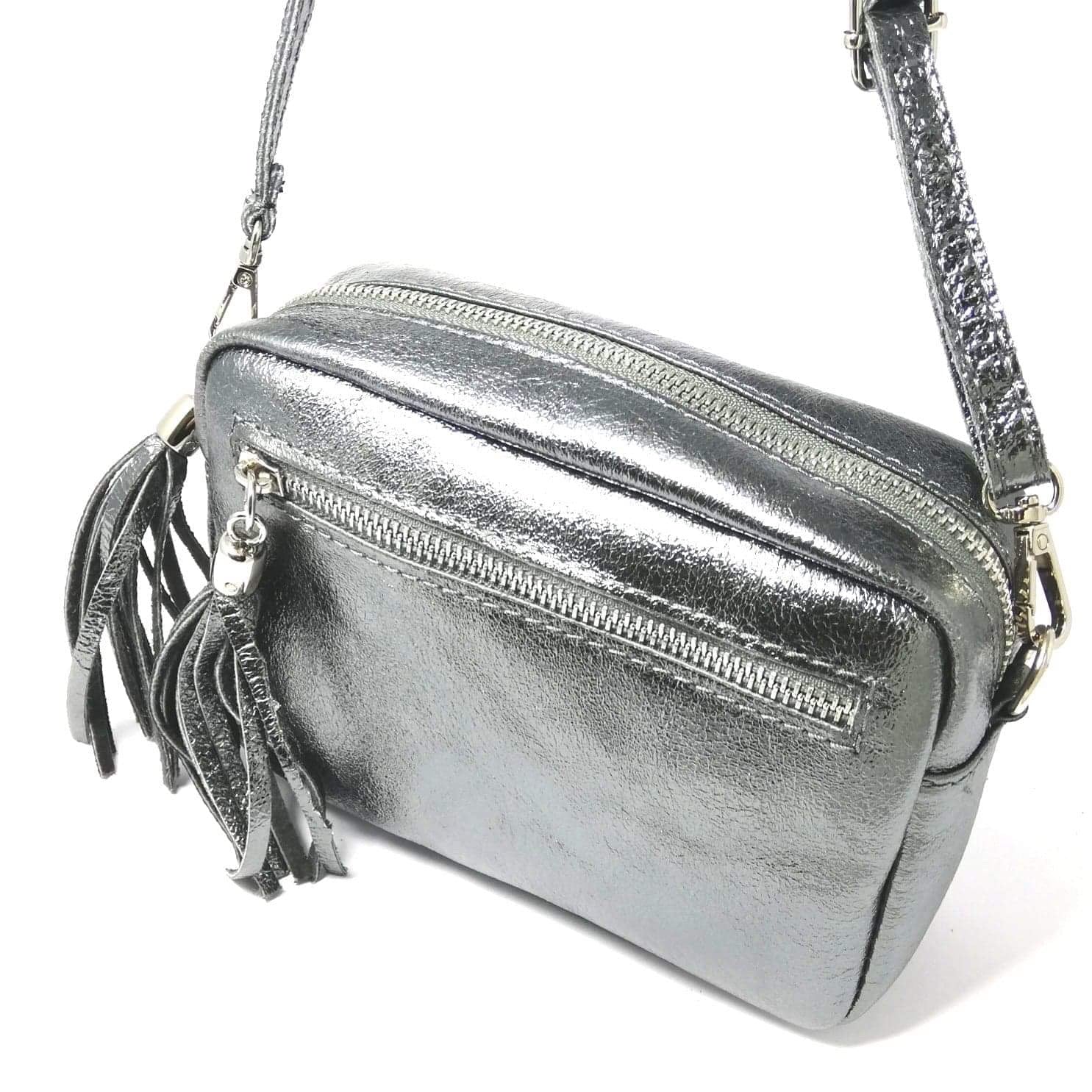 Pewter cross body leather bag with tassels