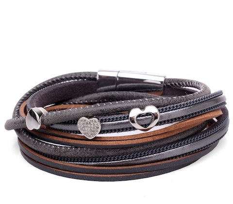 Multi grey heart leather wrap bracelet