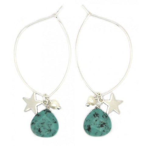 Green stone and star charm hoop earrings