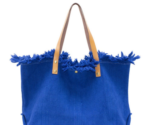 Blue canvas summer bag with leather handles