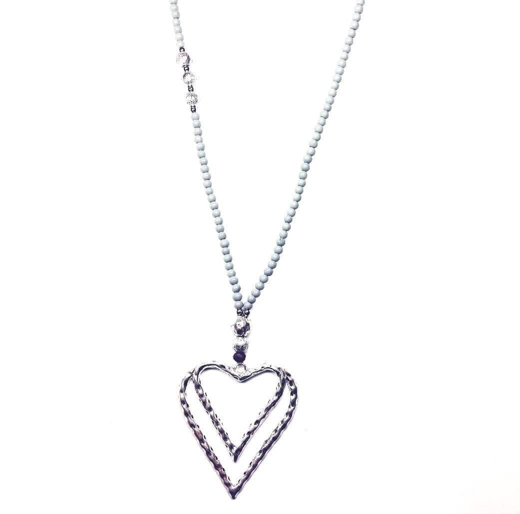 Long beaded necklace with silver heart